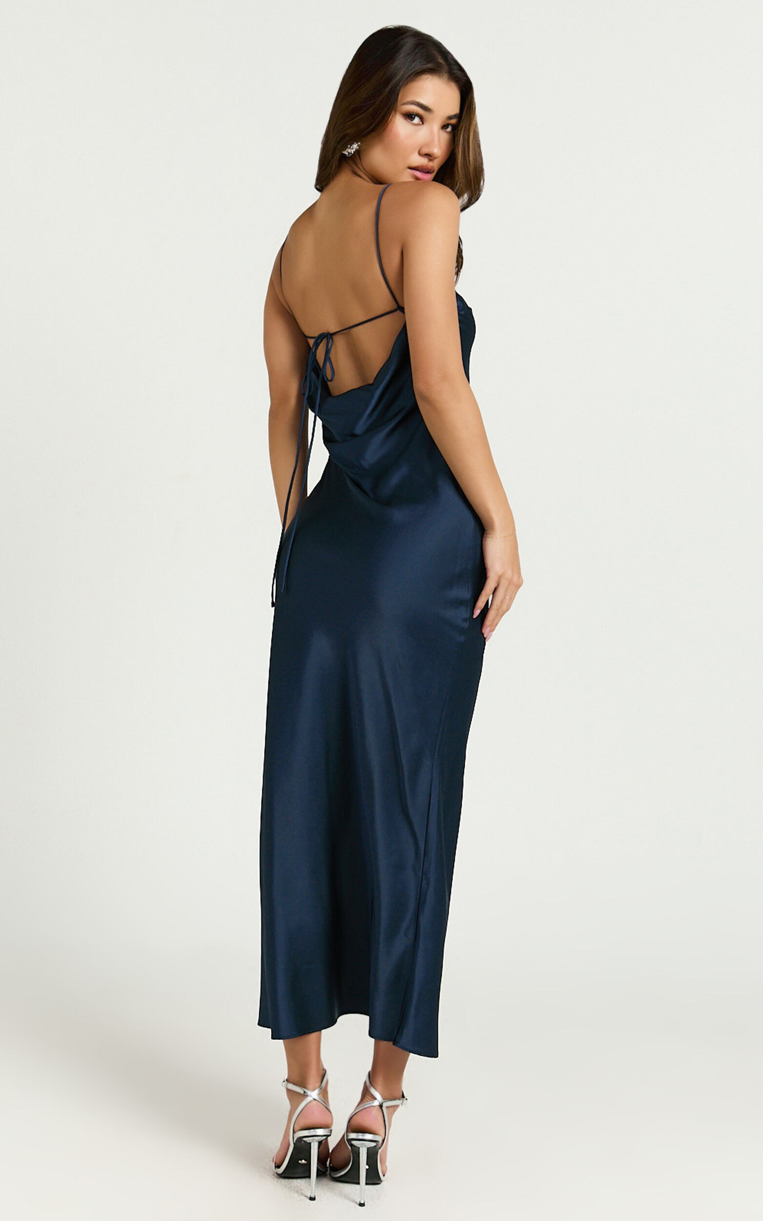 Lacie Midi Dress - V Neck Leg Split Low Back dress in Navy - 06, NVY1