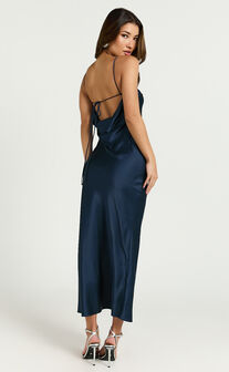 Lacie Midi Dress - V Neck Leg Split Low Back dress in Navy