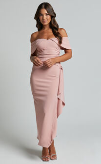 Cleo Midi Dress - Off The Shoulder Ruffle Split Dress in Blush