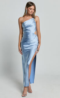 Leighton Maxi Dress - One Shoulder Ruched Thigh Split Slip Dress in Blue