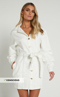Desi Mini Dress - Long Sleeve Collared Button Through Denim Dress in Off White