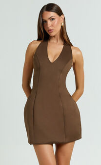Gaia Mini Dress - Plunge Halter Fit and Flare Dress in Chocolate