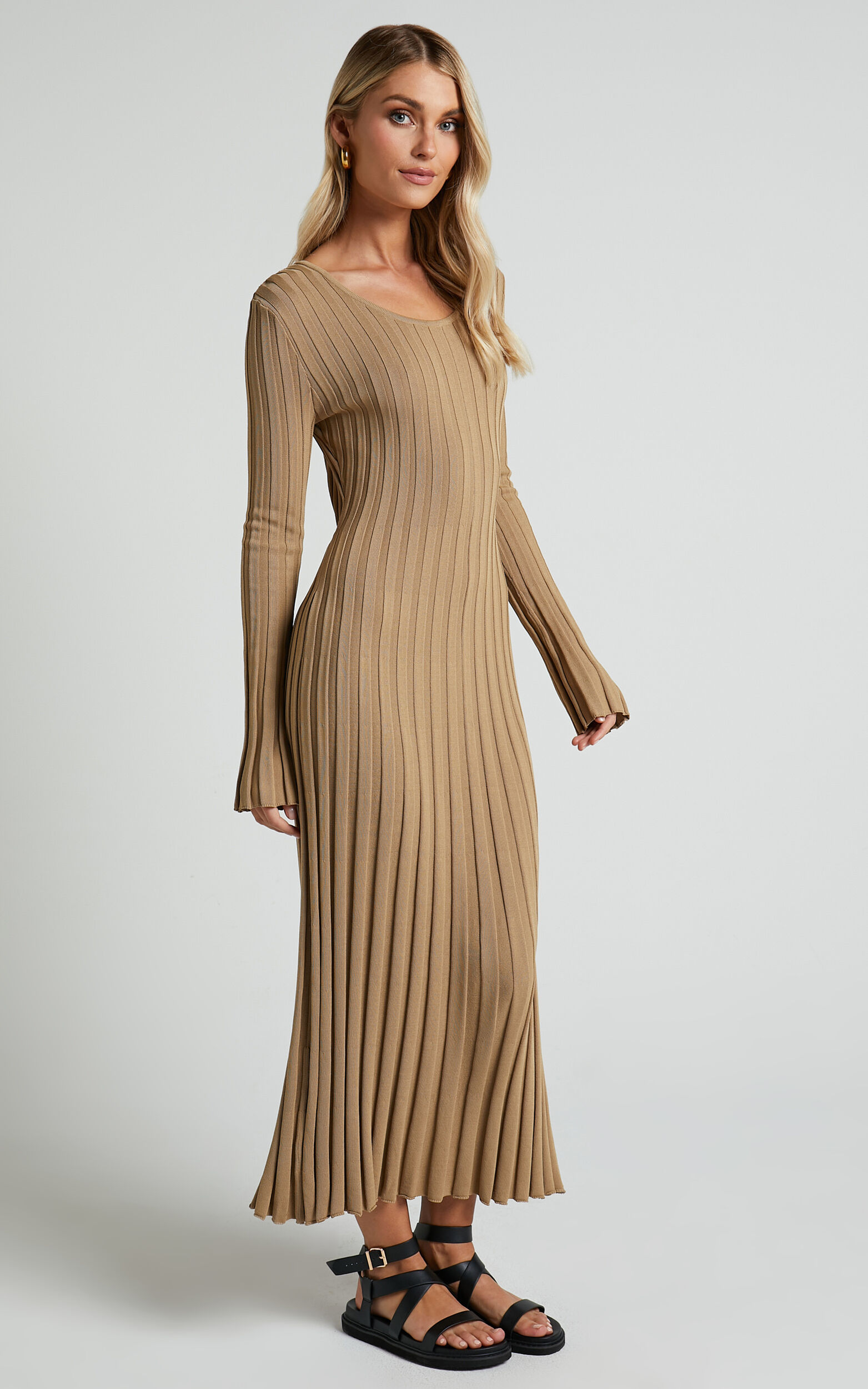 Blaire Midi Dress - Long Sleeve Tie Back Flare Dress in Roasted Cashew | Showpo
