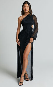 Arosa Maxi Dress - One Shoulder Long Sleeve in Black