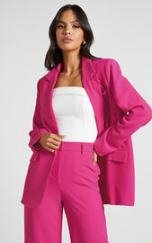 Michelle Blazer - Oversized Plunge Neck Button Up Blazer in Pink | Showpo