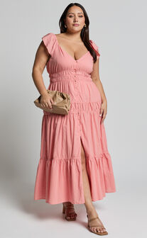 Addi Midi Dress - Button Front Plunge Neck Short Flutter Sleeve Tiered in Peach Fuzz