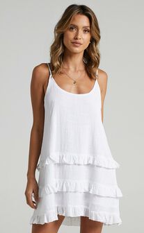 Long Reflections Mini Dress - Strappy Tiered Dress in White