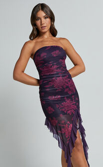 Ghelyn Midi Dress - Mesh Strapless Ruffle Detail Bodycon Dress in Purple