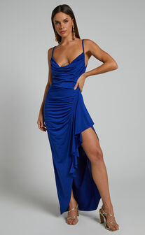 Mhira Midi Dress - Cowl Neck Dress in Blue