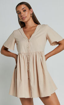 Staycation Mini Dress - Smock Button Up Dress in Beige