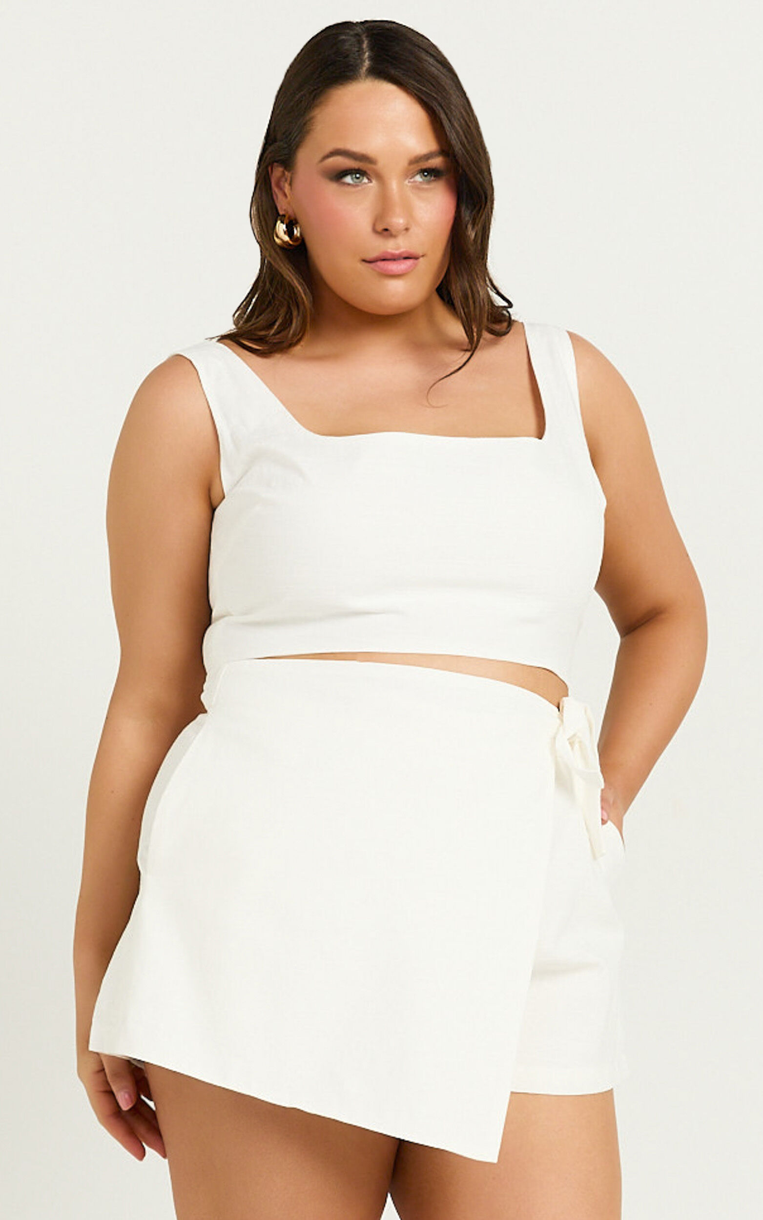 Polina Two Piece Set Linen Look Square Neck Crop Top and Tie Waist Skort Set in White Showpo USA