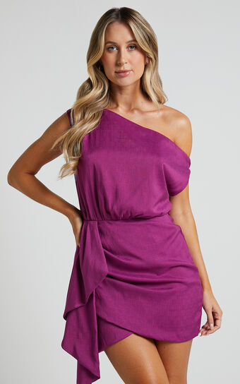 Niana Mini Dress - Drape One Shoulder Dress in Purple