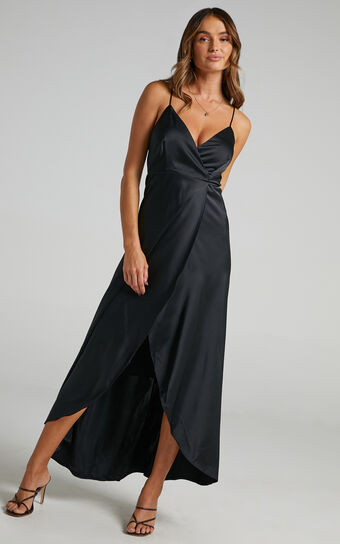 Mine Would Be You Midi Dress - Wrap Dress in Black Satin