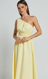 Yulia Midi Dress - One Shoulder Shirred Waist Dress in Lemon