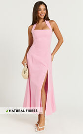 Narissa Midi Dress - Halter A Line Dress in Pink Gingham | Showpo USA