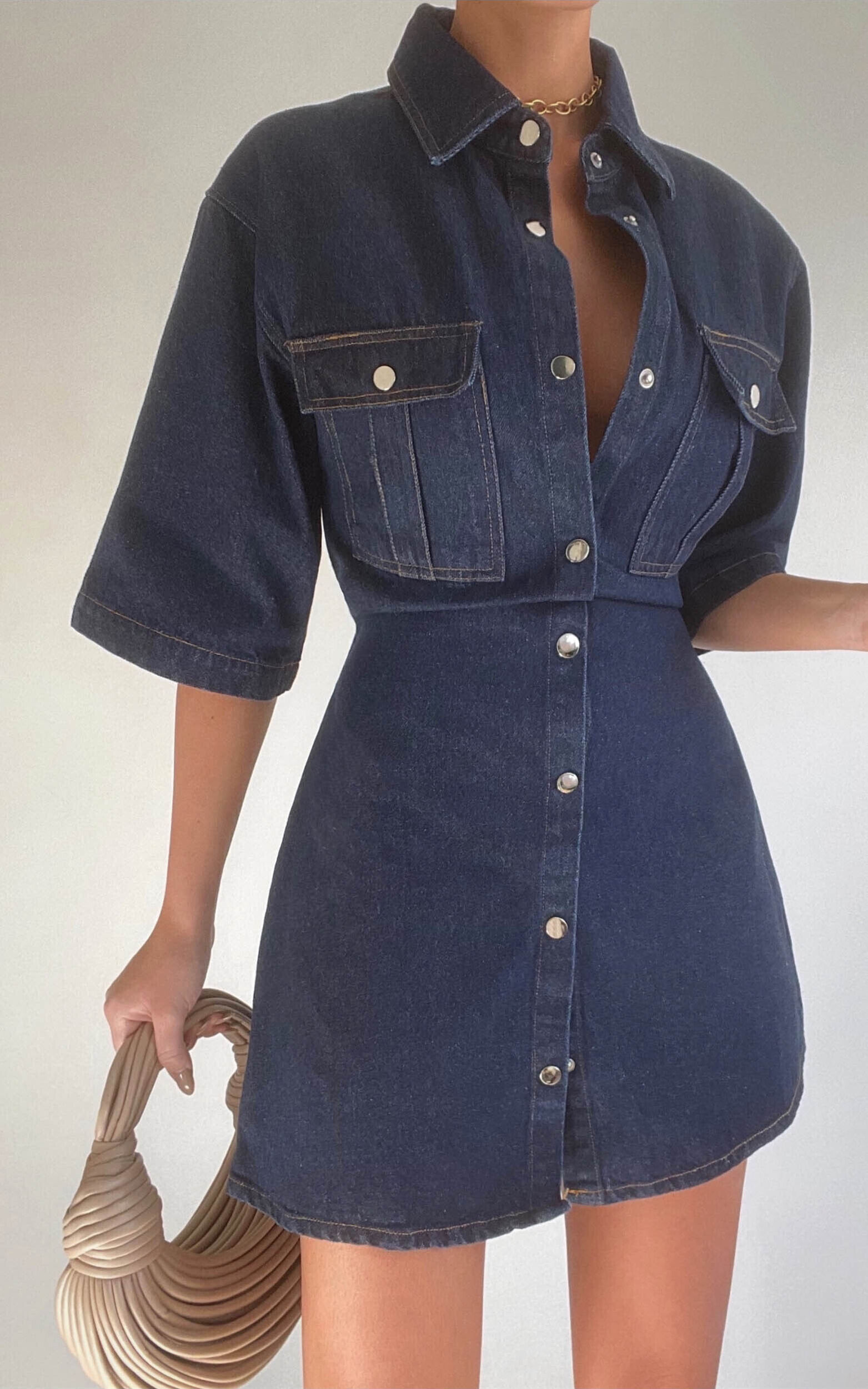 Leilani Mini Dress - Denim Short Sleeve Button Up Dress in Indigo