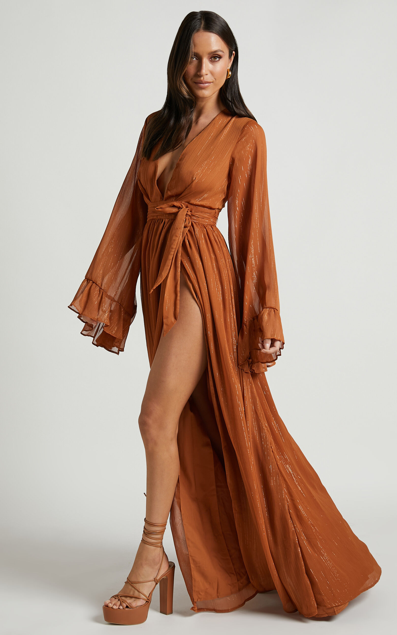 Dangerous Woman Maxi Dress - Plunge Thigh Split Dress in Rust