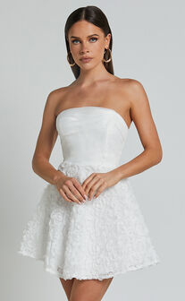 Violeta Mini Dress - Strapless 3d Floral Dress in White