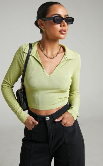 Marvel Collared Long Sleeve Top in Green Rib