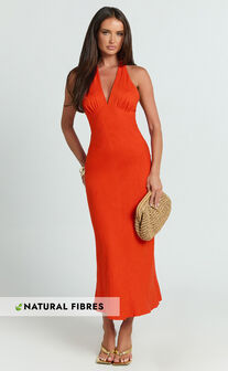 Adele Midi Dress - Halter Plunge Bias Cut Dress in Orange