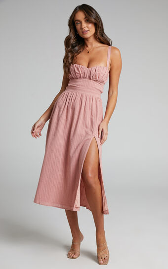 Eugenia Midi Dress - Elastic Back Ruched Bust Dress in Dusty Pink