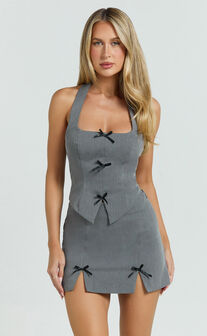 Cartia Two Piece Set - Bow Front Square Neck Vest And Fitted Double Leg Split Skirt Set in Grey