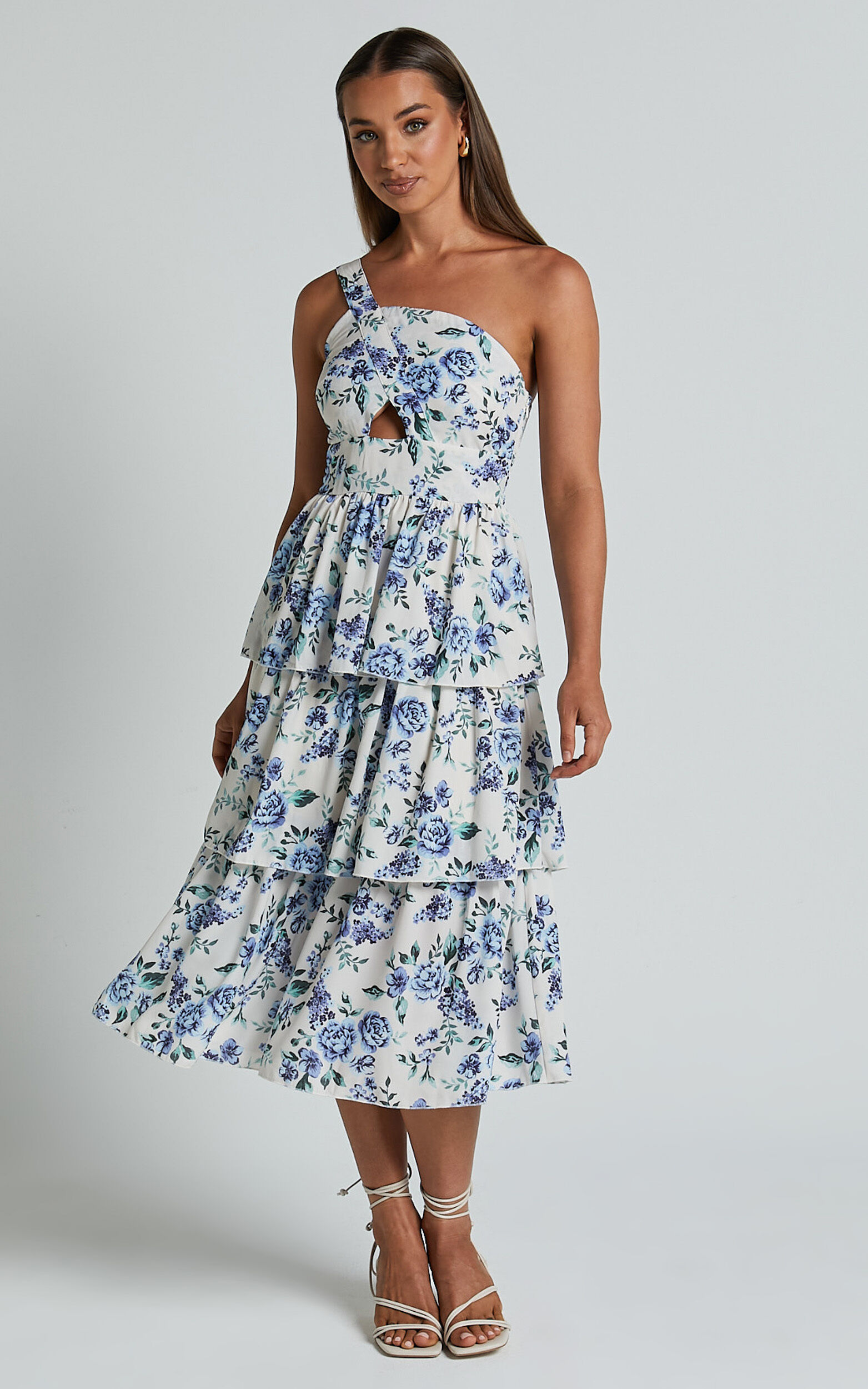 Caro Midi Dress - One Shoulder Tiered Dress in Blue Floral - 04, BLU1