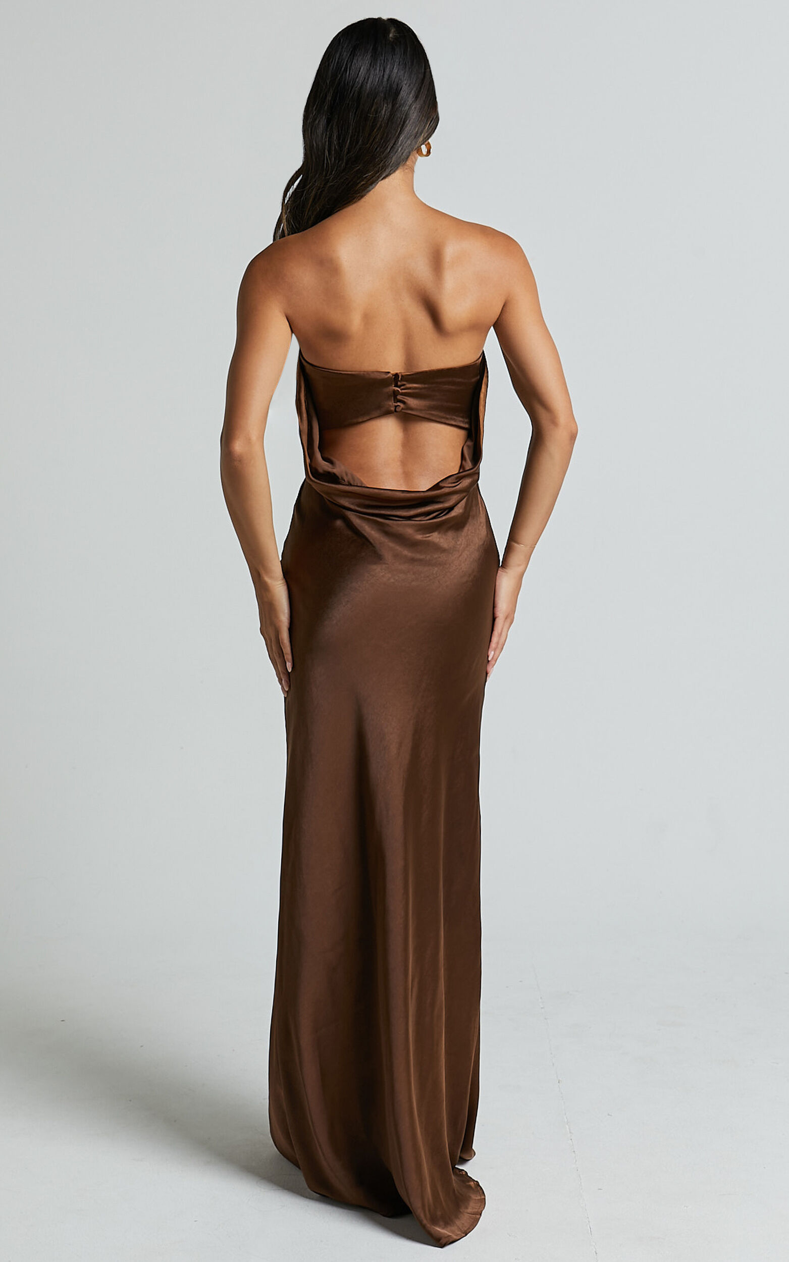 Charlita Maxi Dress - Strapless Cowl Back Satin Dress in Chocolate | Showpo