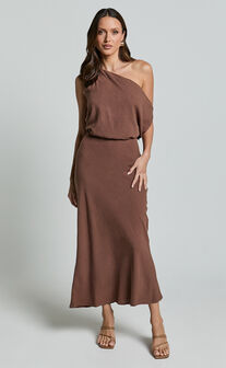Jacqueline Midi Dress - Linen Look One Shoulder Dress in Chocolate