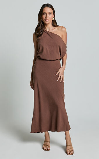 Jacqueline Midi Dress - Linen Look One Shoulder Dress in Chocolate Showpo