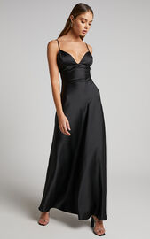 Cariela Midi Dress - Plunge Neck Satin Dress in Black | Showpo USA