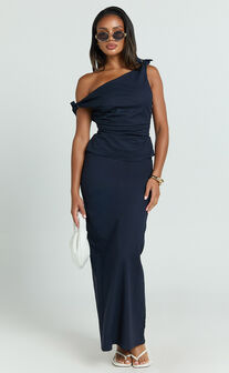 Vance Maxi Skirt - Linen Back Split Skirt in Navy