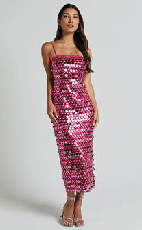 Amarie Midi Dress - Circle Sequin Dress in Pink