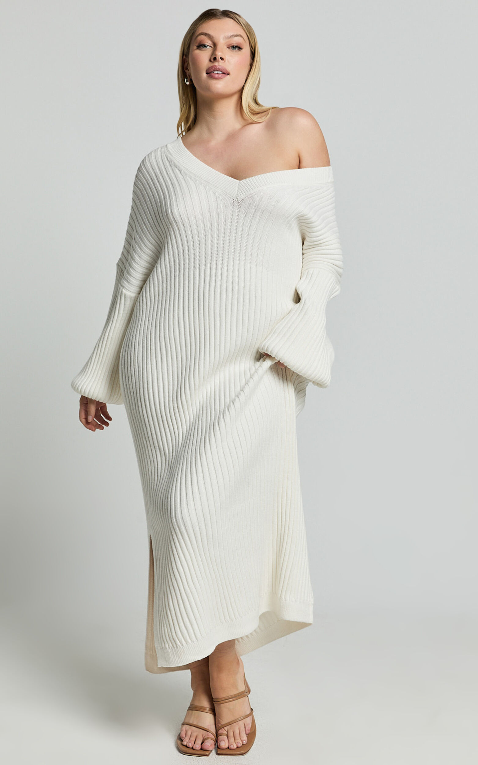 Kartia Midi Dress - V Neck Knit Dress in Off White | Showpo USA