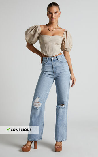 Miho Jeans  High Waisted Recycled Cotton Distressed Straight Leg Denim