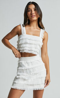 Lylah Two Piece Set - Fringe Crop Top and Mini Skirt Set in Ivory