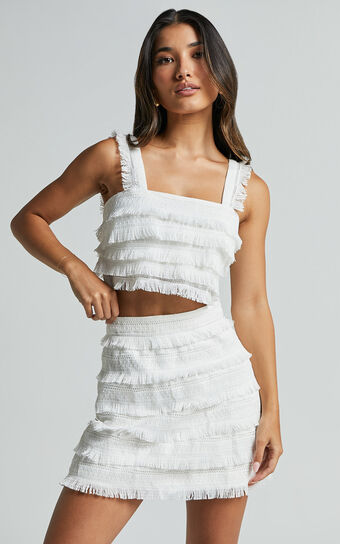 Lylah Two Piece Set Fringe Crop Top and Mini Skirt in Ivory