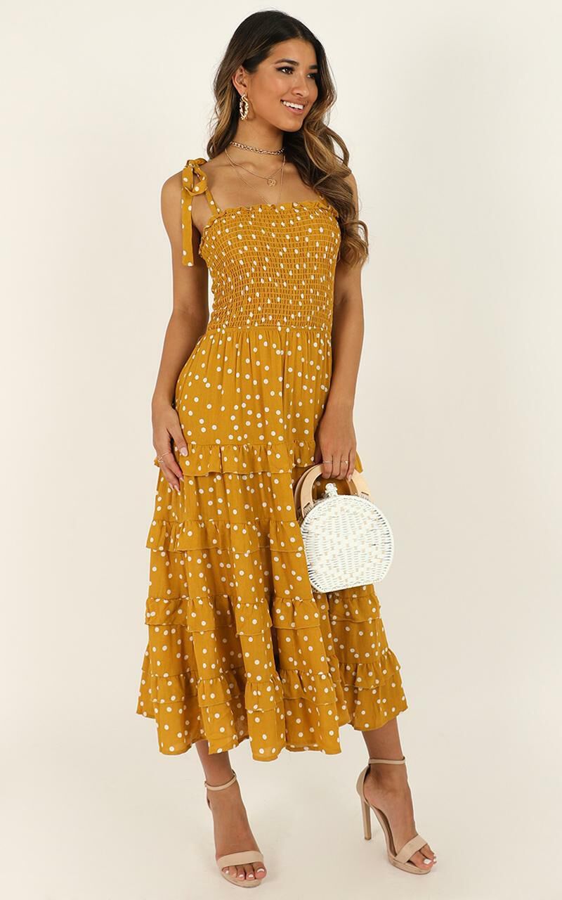 Giselle Dress In Mustard Spot Showpo