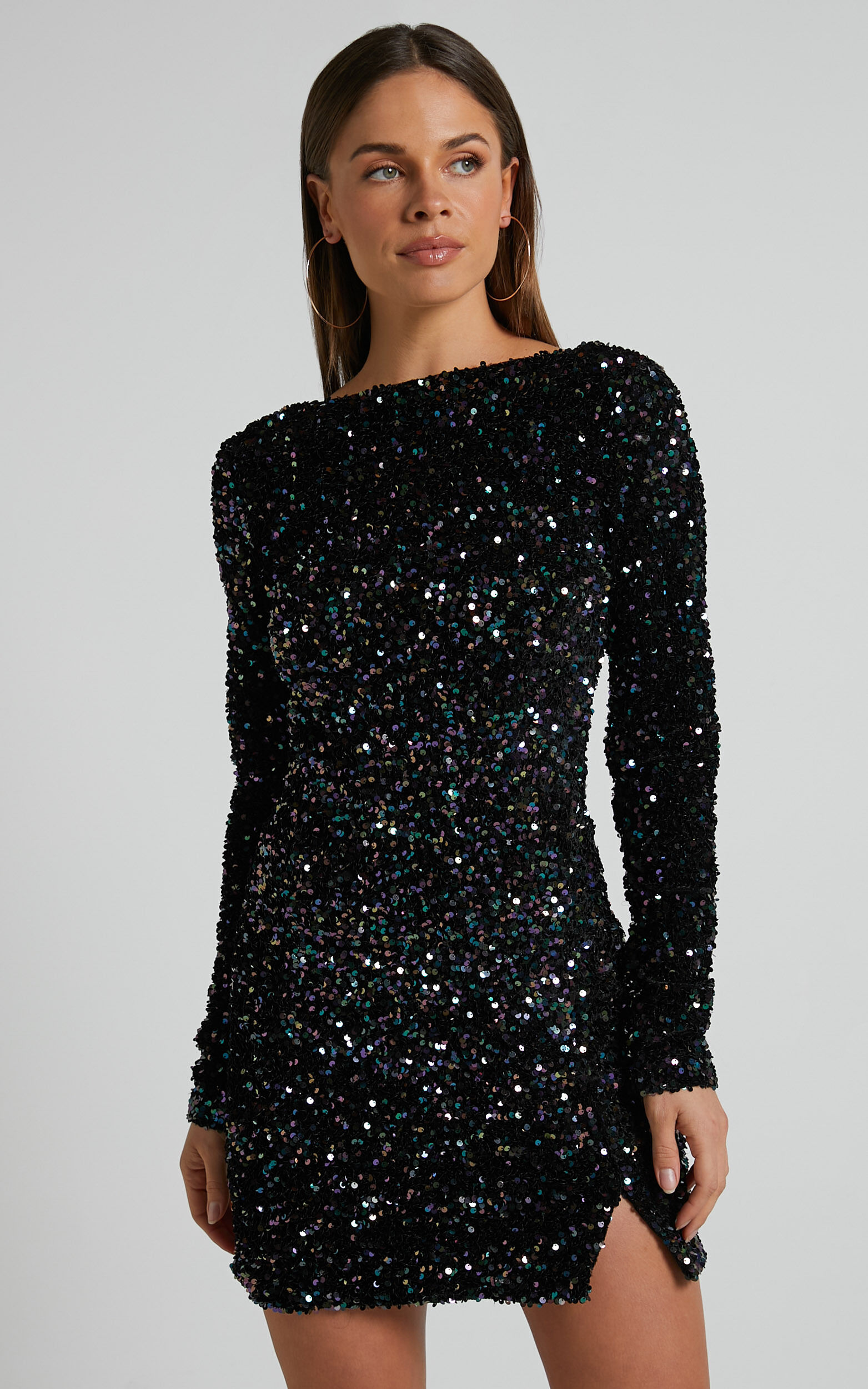 Tracy Mini Dress Sequin Long Sleeve Backless Dress in Black