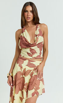 Maddy Top - Georgette Low Cowl Tie Neck Top in Lemon Bouquet Di Fiori Print