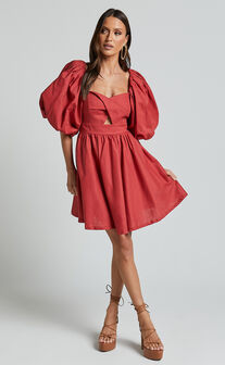 Amalie The Label - Penelopia Linen Blend Puff Sleeve Twist Bodice Mini Dress in Vermilion