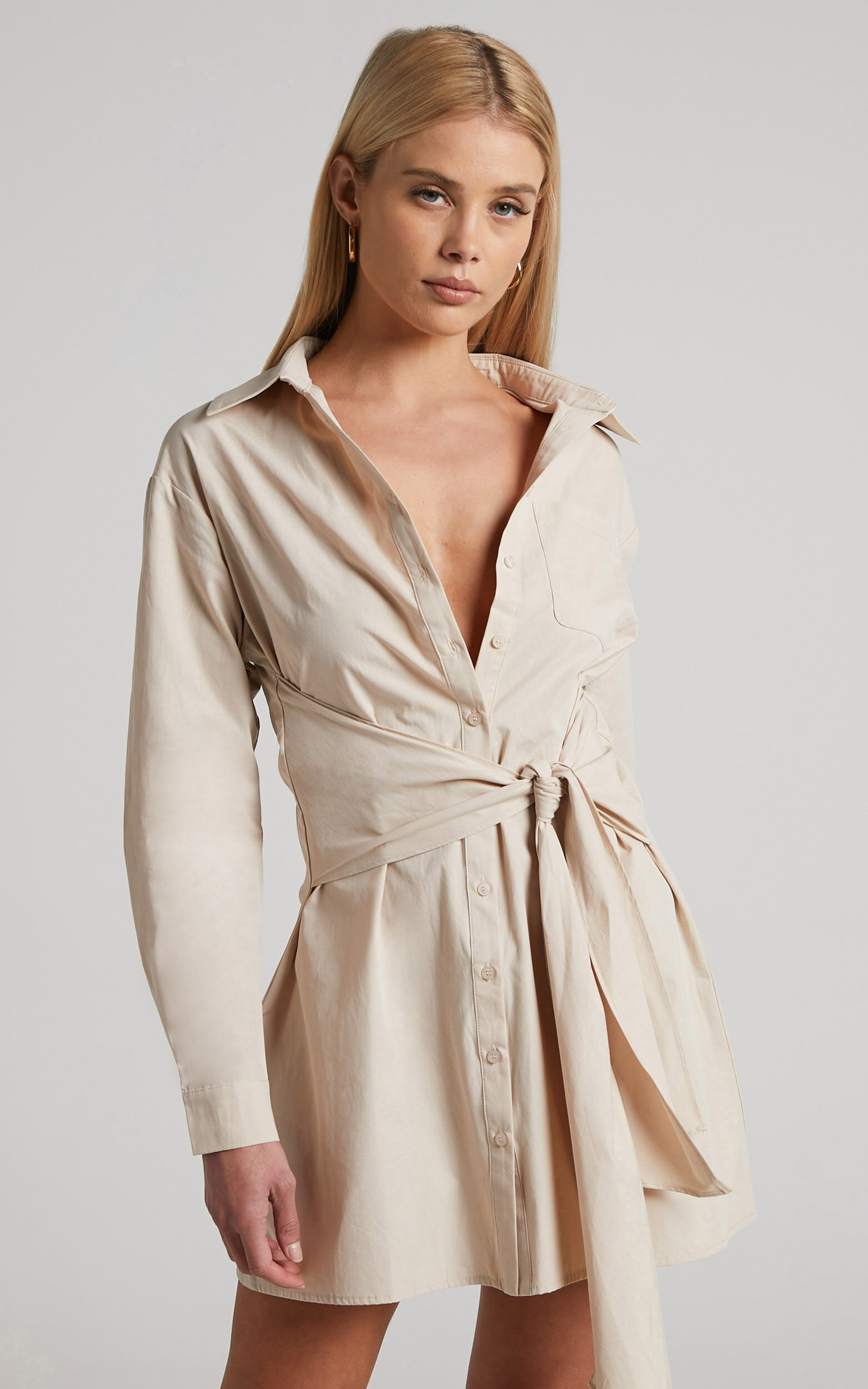 Macie Mini Dress Tie Front Shirt Dress in Sand Showpo EU