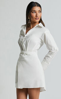 Tonja Mini Dress - Long Sleeve Wrap Shirt Dress in Ivory