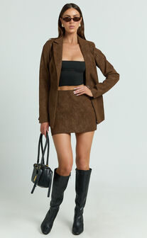 Gretchen Mini Skirt - High Rise Faux Suede Skirt in Brown
