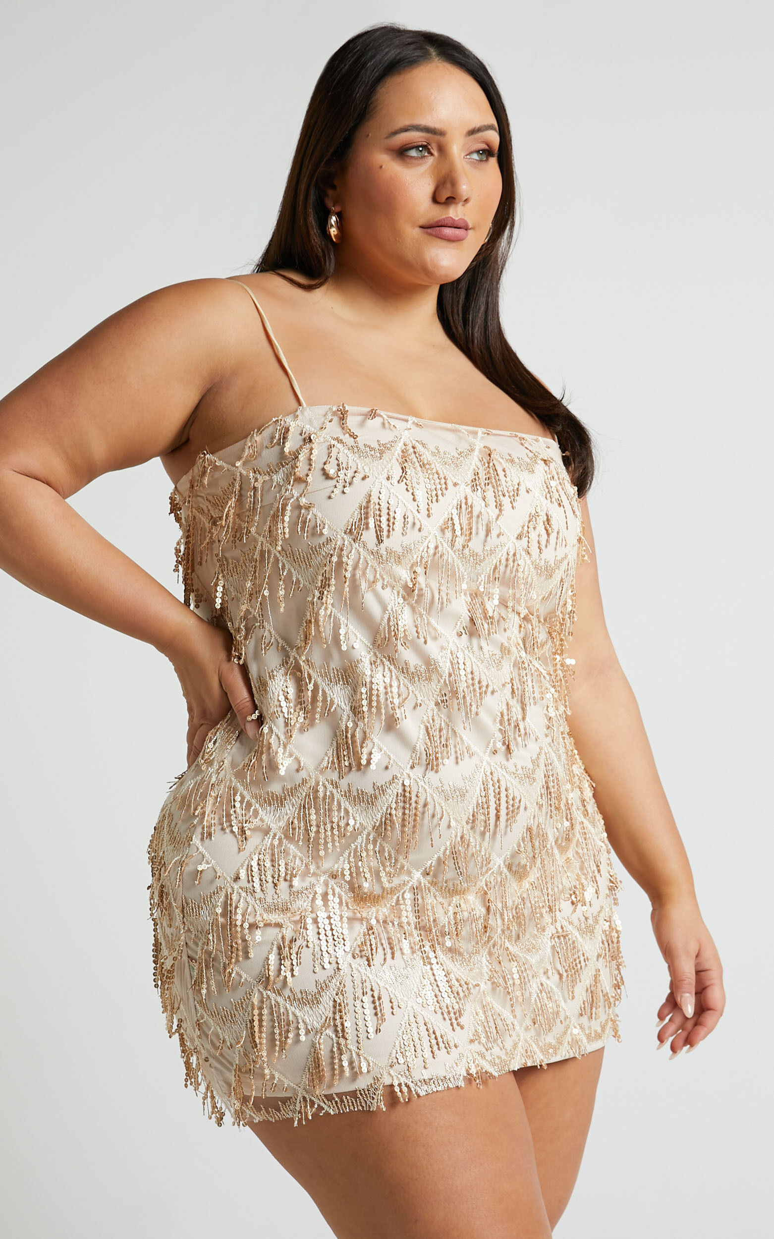 Shook Mini Dress Cami Sequin Fringe Dress in Champagne Sequin