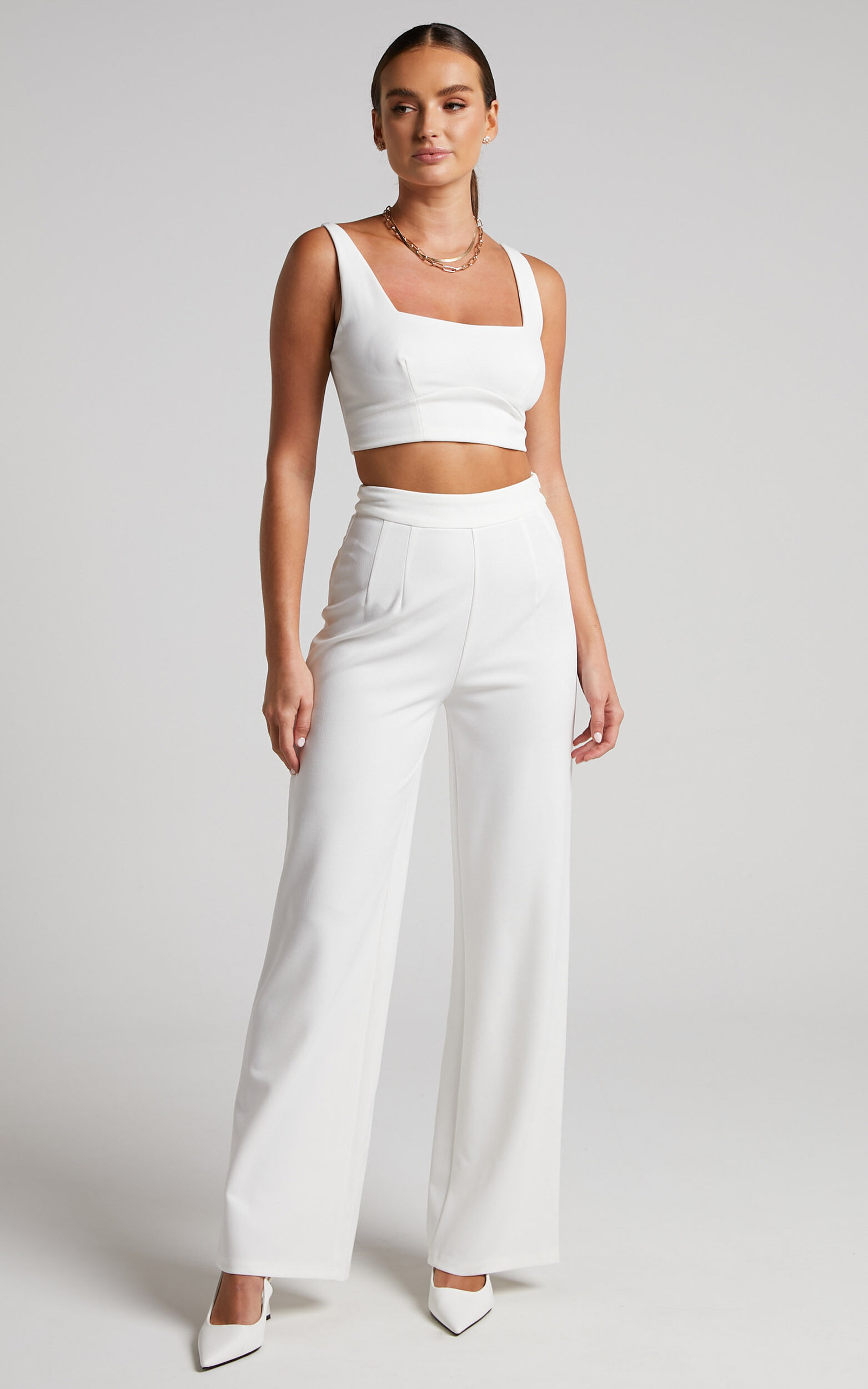 Elibeth Two Piece Set - Crop Top and High Waisted Wide Leg Pants Set in White - 06, WHT1