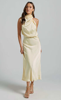 Minnie Midi Dress - Drape Neck Satin Slip Dress in Butter Yellow