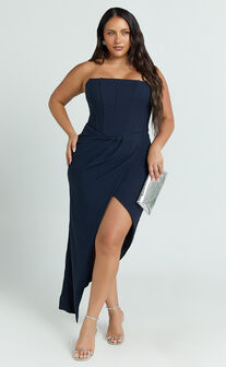 Daniella Maxi Dress - Strapless Corset Draped Asymmetrical Dress in Navy
