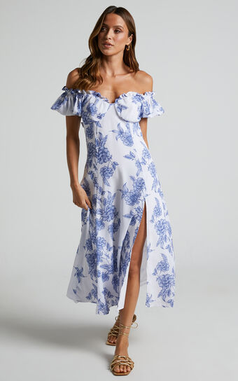Zonya Midi Dress - Off Shoulder Thigh Split Dress in Blue Silhouette Floral