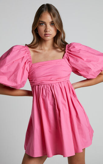 Melony Mini Dress - Cotton Poplin Puff Sleeve Dress in Pink